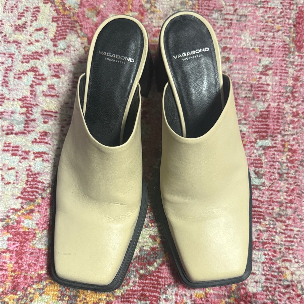 Vagabond Cream Leather Square-Toe Mule Heels 90's y2k Minimalist Chic - Picture 2 of 5